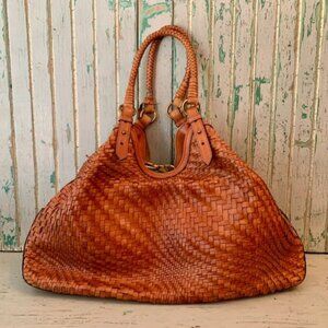 Cole Haan Genevieve Woven Brown Leather Hobo Bag Large Purse